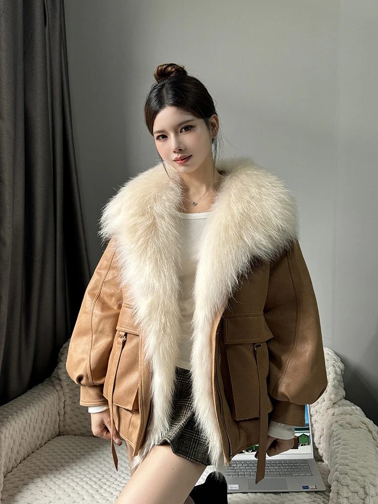 

Модная женская куртка из гусиного пуха с меховым воротником, комбинированная из меха и кожи, зимняя новинка в корейском стиле