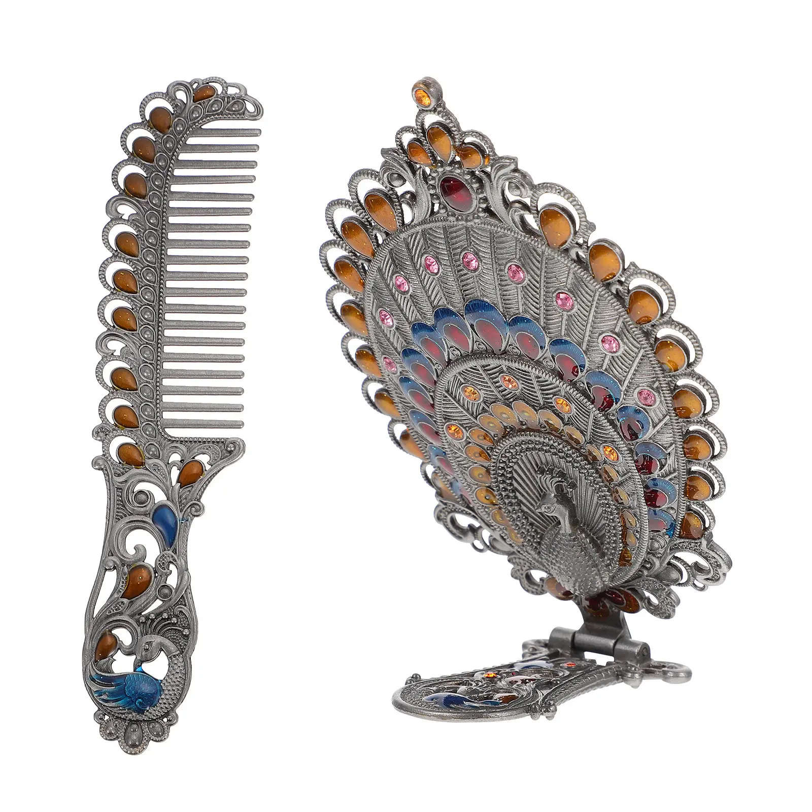 1Set Metal Portable Compact Mirror And Comb Set For Travel Makeup Mirror Christmas Stocking Fillers Premium Vintage