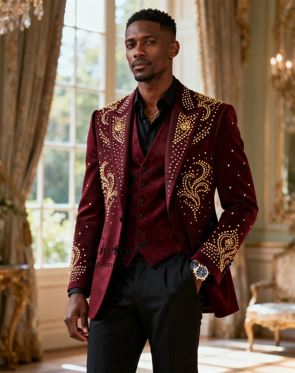 

High End Beaded Gem Men Suits Slim Fit Velvet Wedding Party Costume Homme 3 Pieces Sets Groom Male Prom Blazers Customized