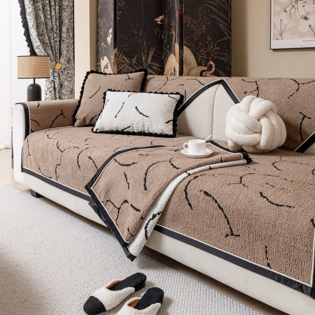 Fluffy Geometric Lines Jacquard Anti-Slip Thicken Sofa Cover, with Delicate Binding Sofa Towel for All Seasons Couch Seat Cover