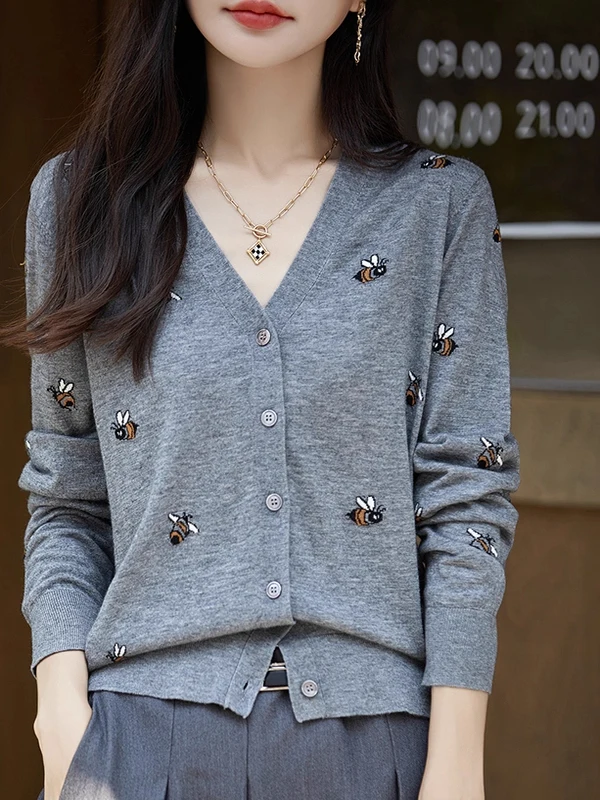 

Faionable Women's Knitted Wool Open Cardigan Loose Long Sve Embroidered Sweater Coat Autumn Winter Commute Sle Regular...