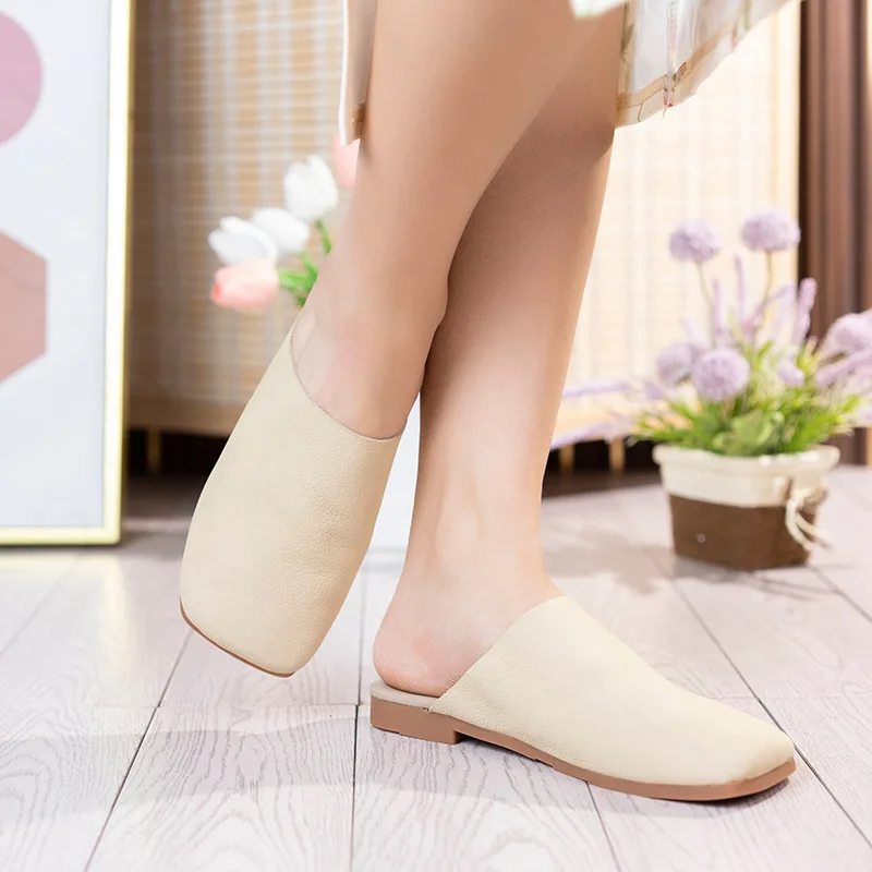 Careaymade-handmade genuine leather women's slippers,comfortable fashionable versatile Summer cowhide soft sole flat slippers