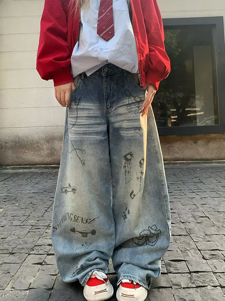 

Джинсовые женские брюки Ретро мультяшные джинсы с граффити для женщин Мешковатые джинсы Y2k Jean Coquette Shoujo Girl Style Женские расклешенные брюки