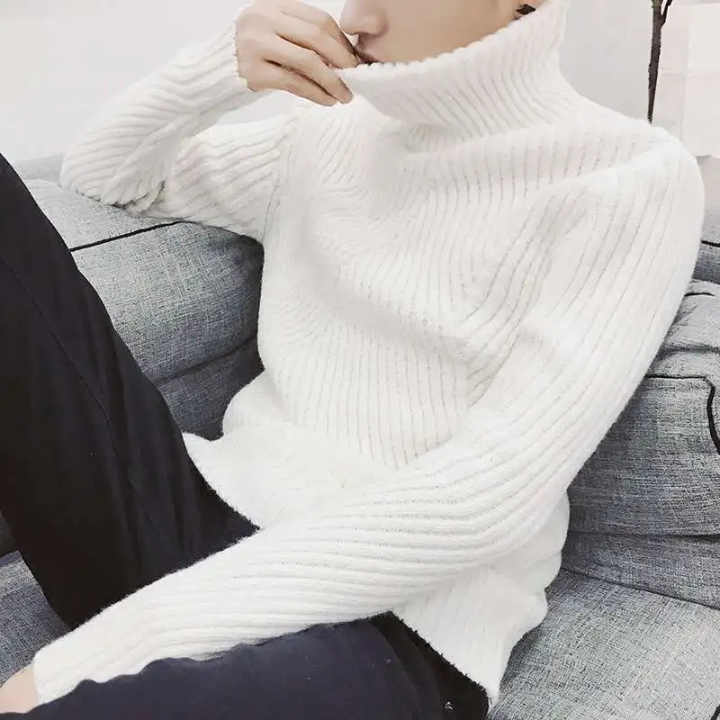 

Thiened High Collar Men's Sweater Warm Pure Color Student Knitted irt Trendy Casual Long Sve Crew Ne Pullover Knitwear