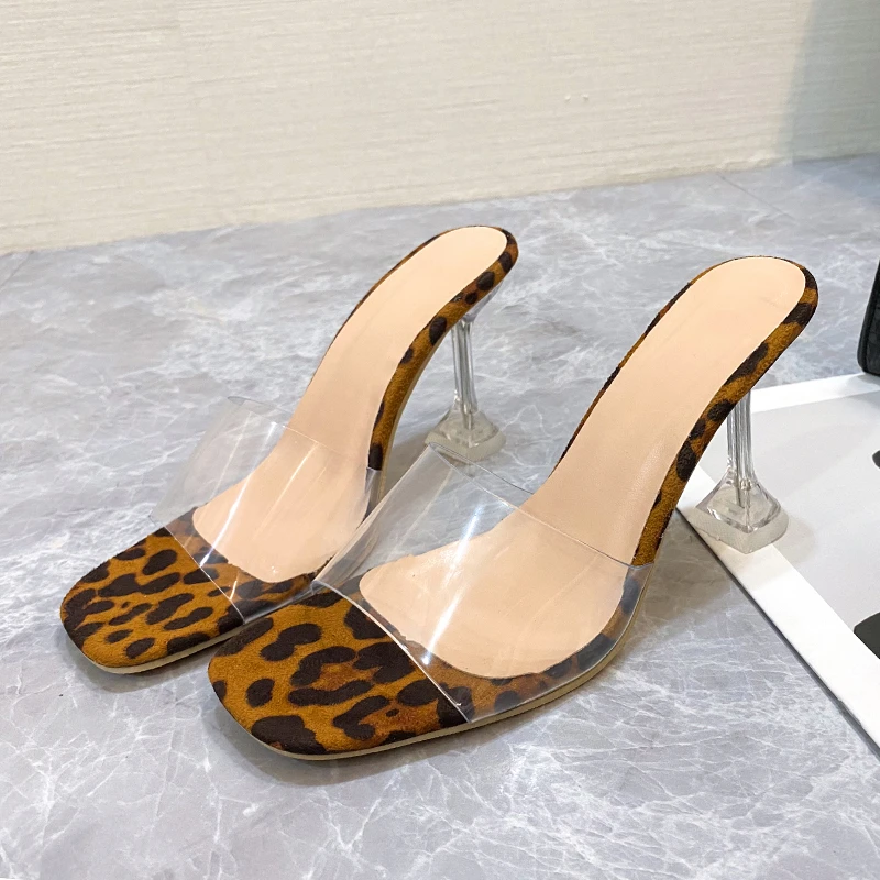 European and American plus size crystal and women's slippers with transparent tape, leopard print high-heeled sandals for women