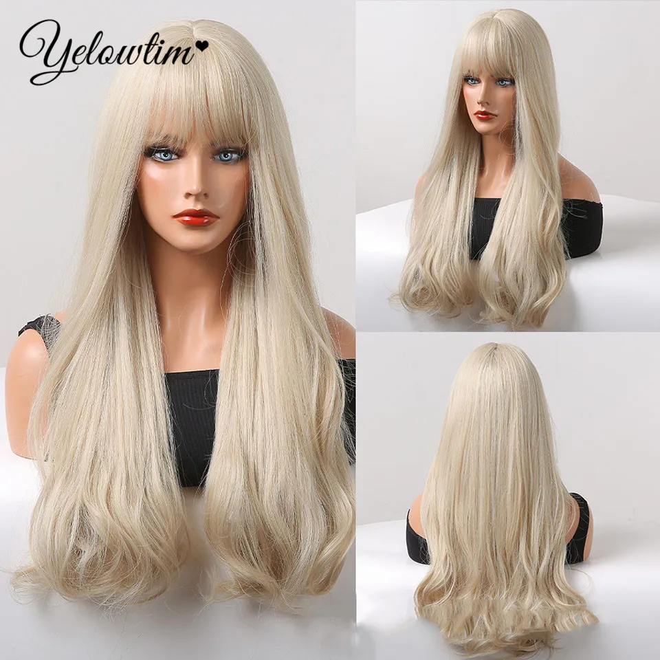 

YELOWTIM Long Straight Layered Wig with Bangs Ombre Synthetic Wigs for Women Natural Hair Wigs Cosplay Party Heat Resistant Hair