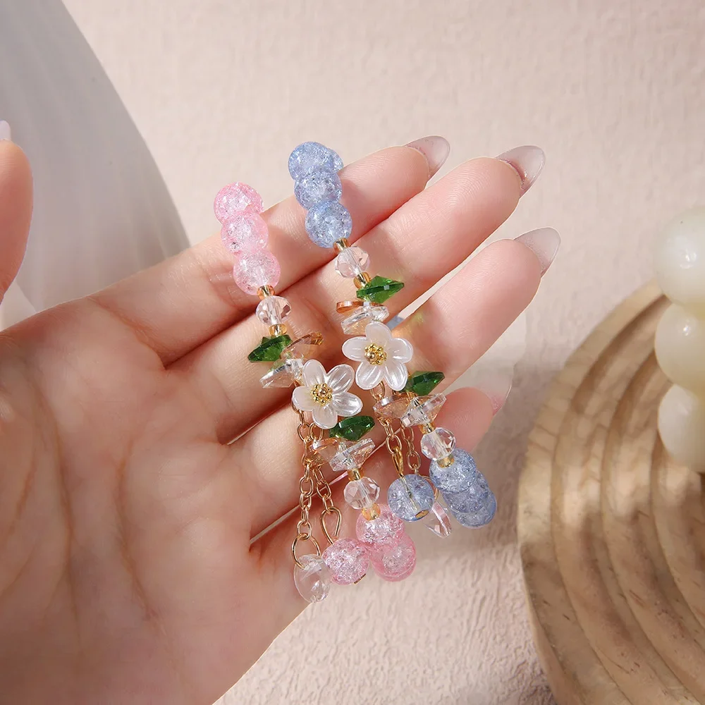 Bracelet élastique en perles multicolores rose, fait à la main, bijoux à la mode, perles bleu clair, fleur, feuille, breloque, extensible, pour filles