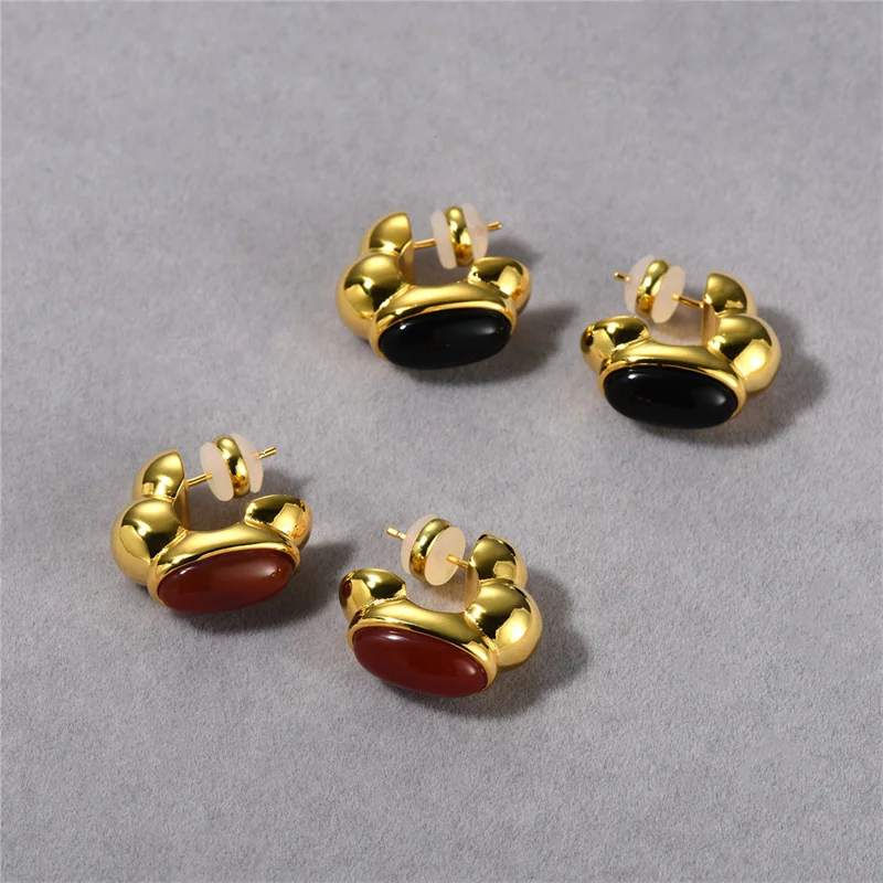 

Niche Fashion Design Inlaid Red and Black Agate Earrings for Women Vintage Light Luxury Elegant Trendy Banquet Jewelry