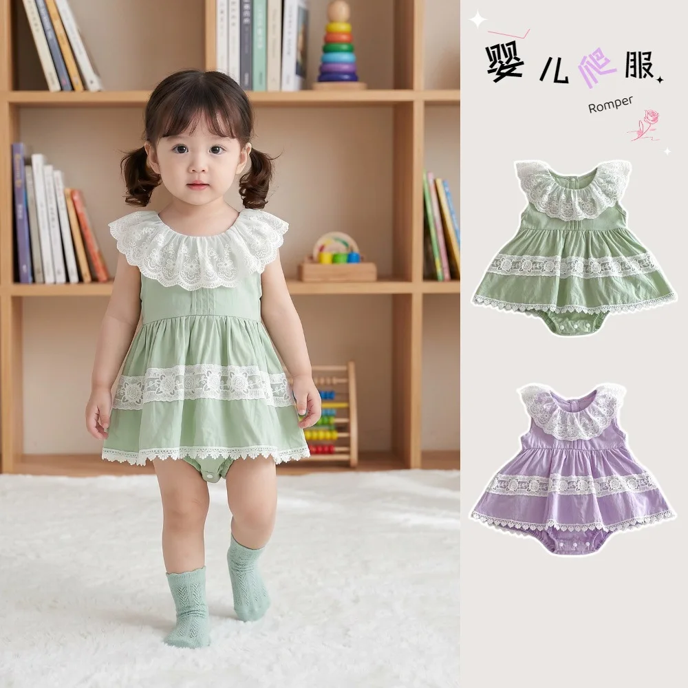 Girls' Summer Pure Cotton Sleeveless Ruffle-Neck Dress, Trendy Babydoll Outfit, Sweet Bodysuit, Princess Skirt