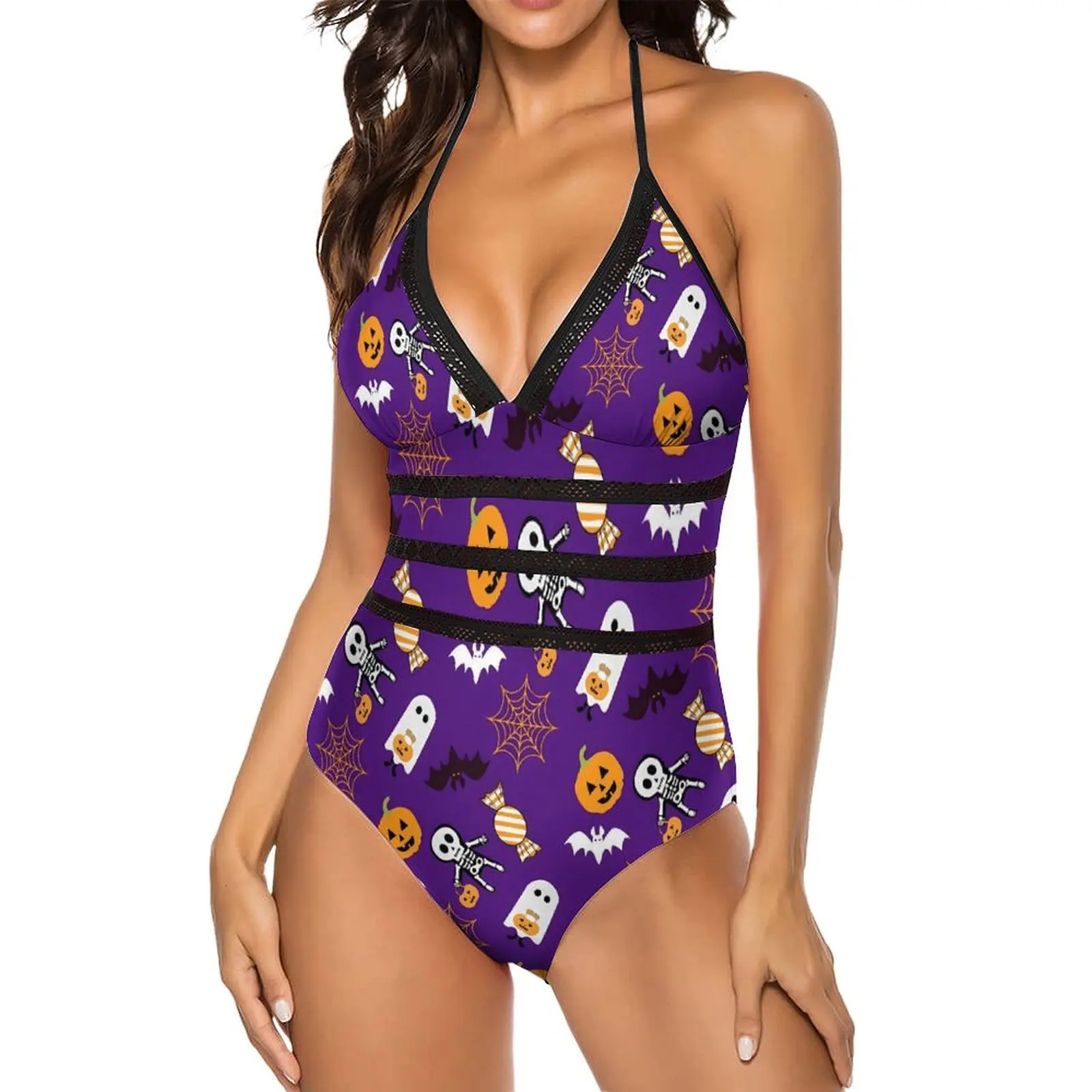 Pumpkins Spooky Swimsuit Halloween Ghost One-Piece Swimwear Push Up Beach Bathing Suits Sexy Cut Out Swimsuits Beach Outfits