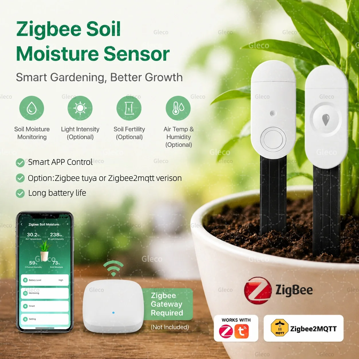 Sensor de Humedad del Suelo Zigbee, Medidor de Temperatura, Humedad, Luz y Fertilidad, Automatización del Hogar y Jardín, Compatible con TUYA y Zigbee2MQTT (Opcional)