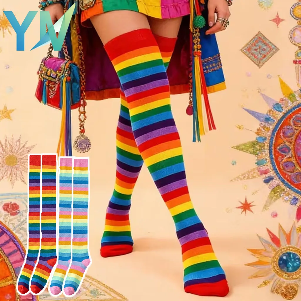 1-10Pairs Multicolor Striped Over Knee Socks Rainbow Bright Soft Cozy for Daily Casual Wear Street Style Shopping Mall Weekend