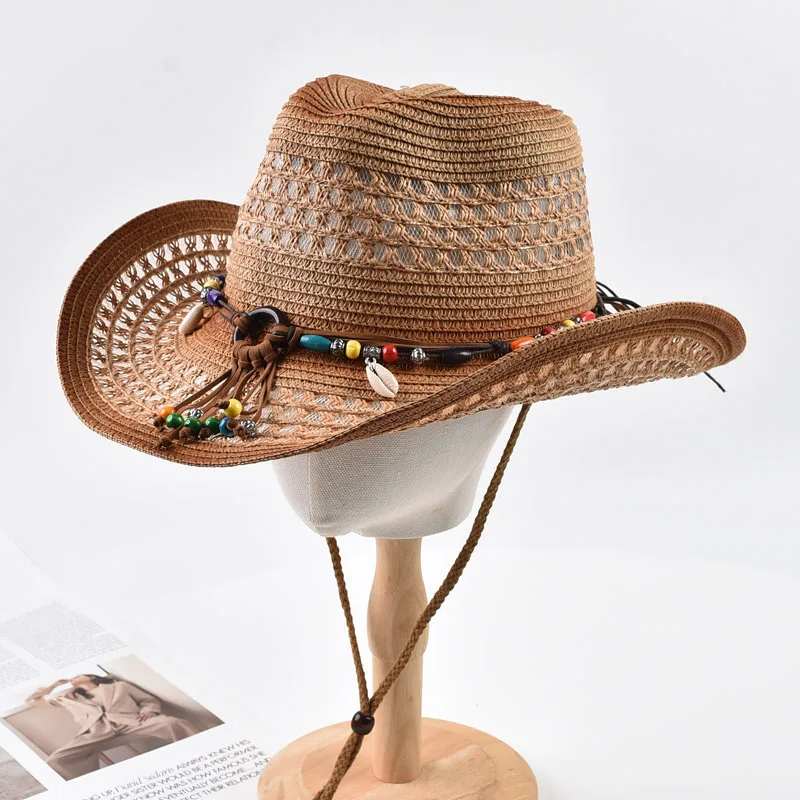 Stroh-Cowboyhut im Bohemian-Stil für Damen und Herren, ausgehöhlter Sonnenschutz-Strandhut für den Sommer, atmungsaktives Strohmaterial