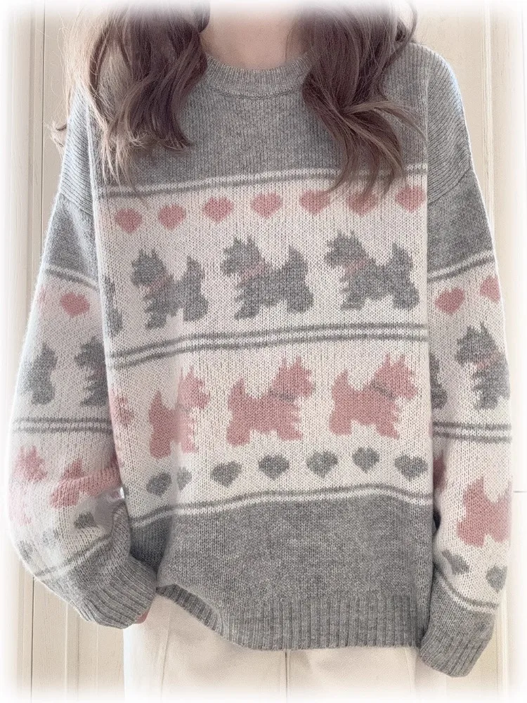 

Sweet Sweaters Women Autumn Grey and Pink Dog Love Pattern Loose Knitted Pullovers Kawaii Clothes