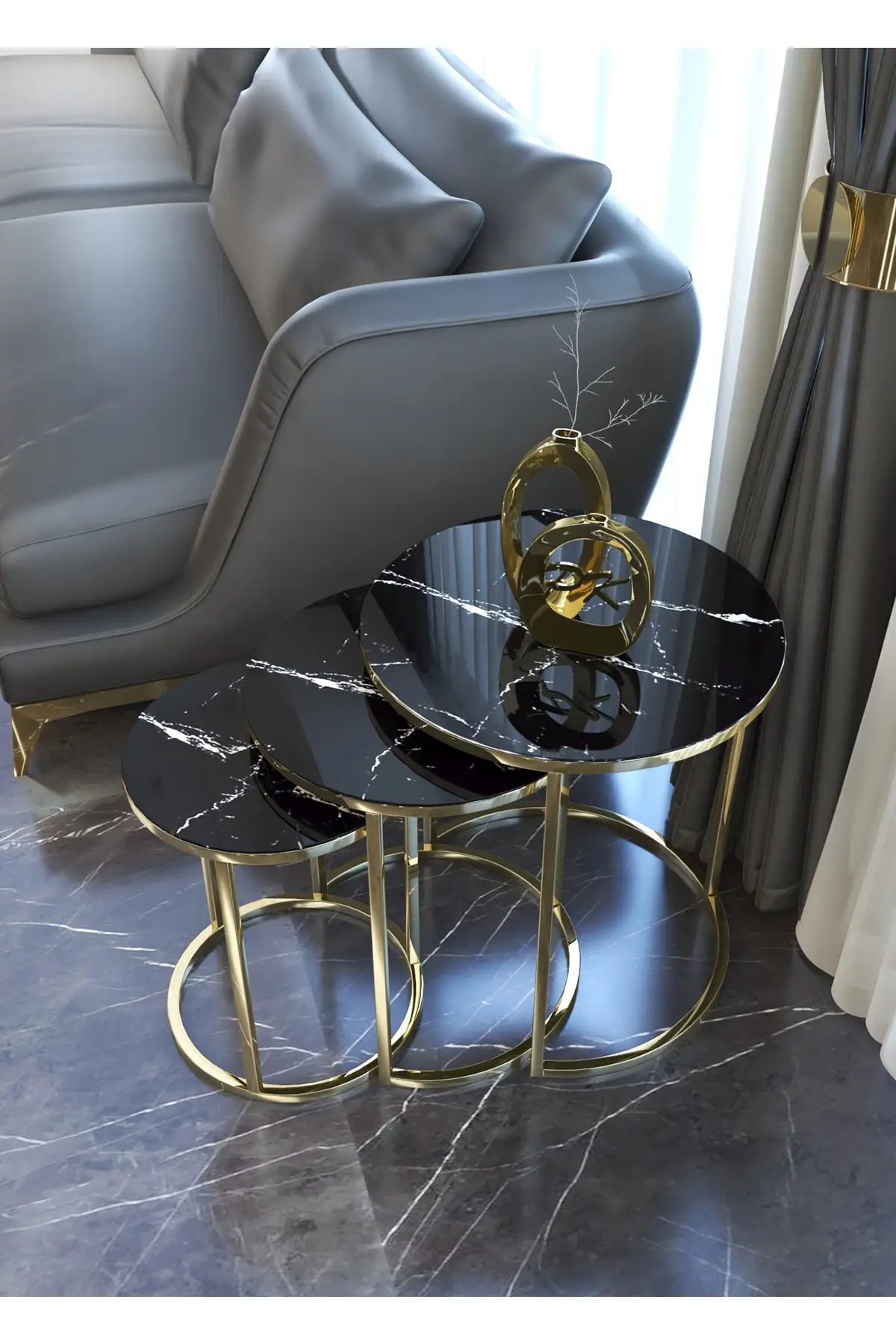 Zigon Medium Coffee Table Set, Unbreakable Glazed Black Marble Pattern