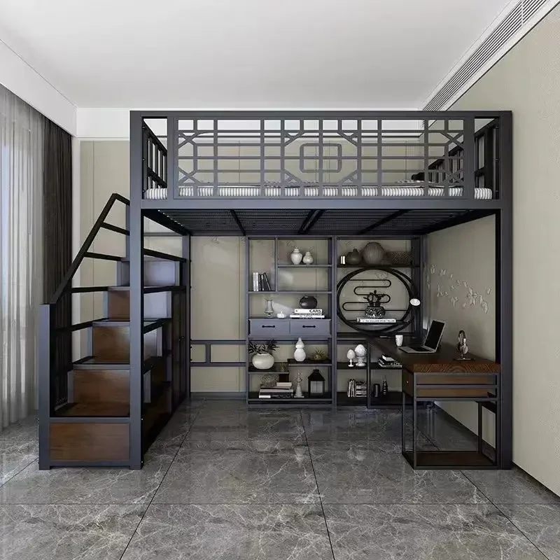 Настраиваемая новая кровать-чердак в китайском стиле с листом на верхнем этаже, железный каркас для маленькой квартиры, детской квартиры