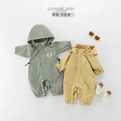 0-2 Years Autumn Newborn Boys Hooded Bodysuit Zipper Cargo Stormwear Wind Waist Cinching Baby Boys Romper Infant Boys Jumpsuit