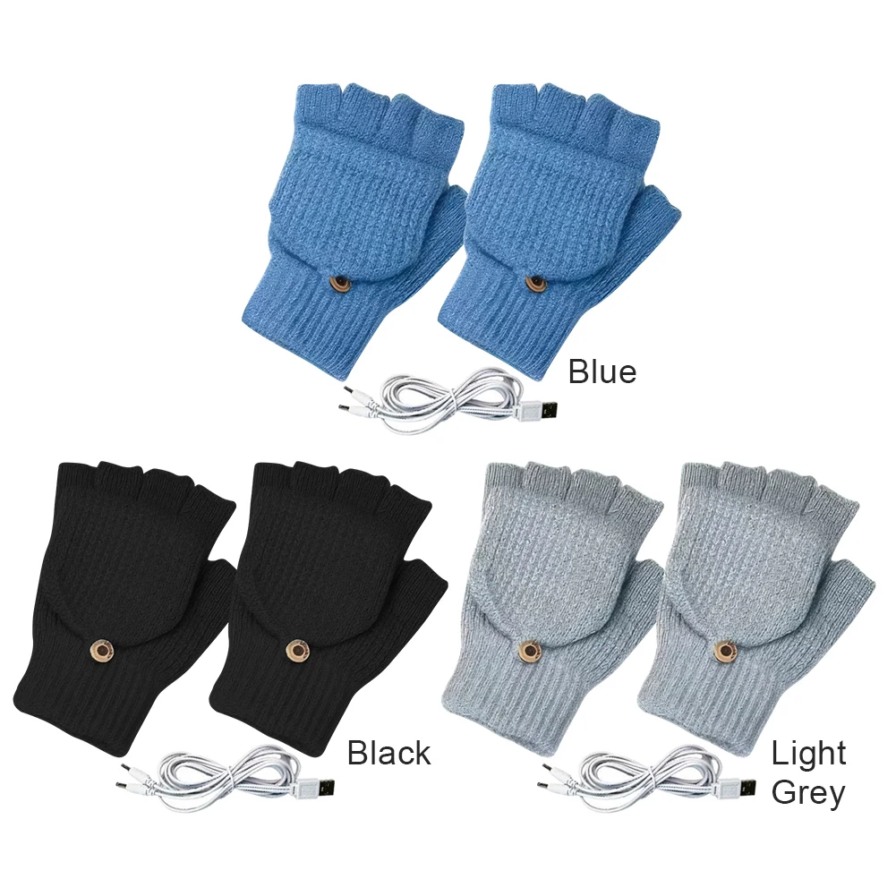 Guantes calefactables eléctricos USB, guantes de invierno tejidos de medio dedo, guantes térmicos a prueba de viento, guantes de punto cálidos para motocicleta y bicicleta