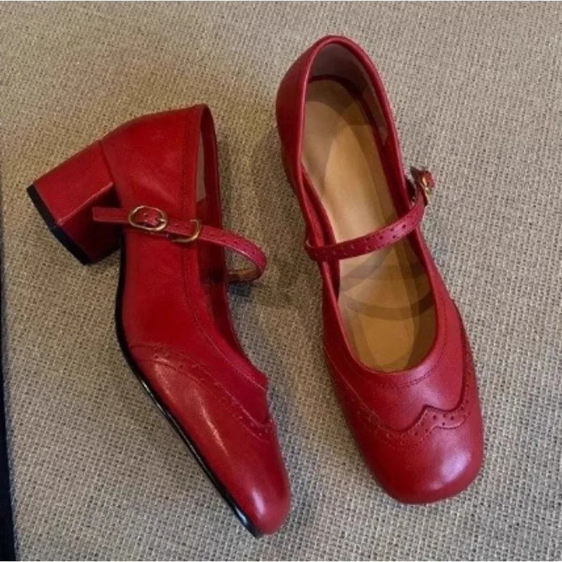 

New Fashion Mary Janes Office Ladies Solid Elegant Vintage Black Sandals Woman Buckle Non-Slip Casual Medium Heels Zapatos Mujer