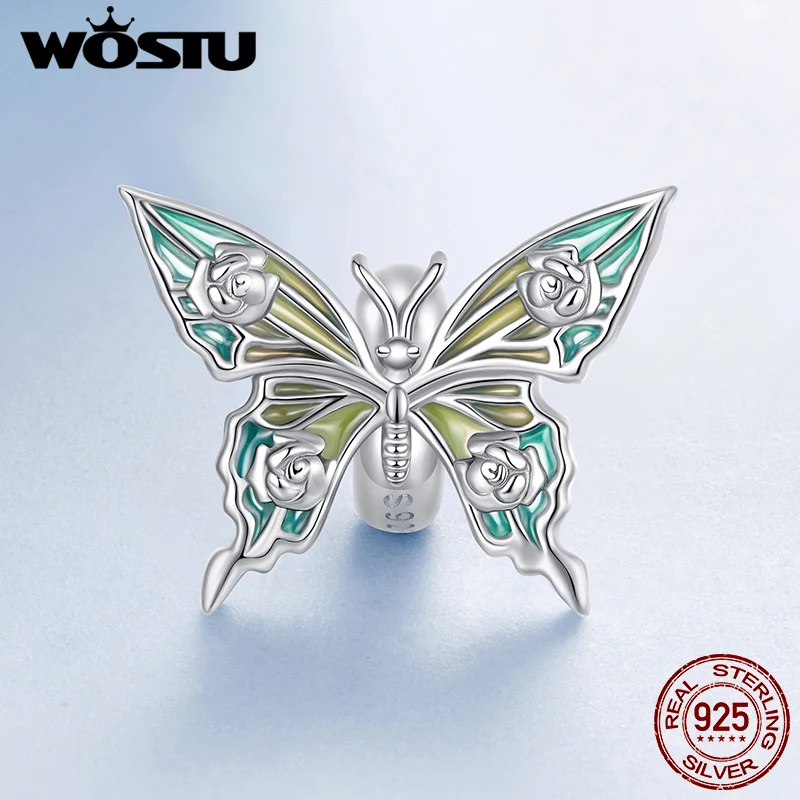 WOSTU 925 فضة ملون فراشة قلادة زهرة سيليكون الخرز قوس قزح كراب سحر صالح الأصلي سوار قلادة DIY بها بنفسك