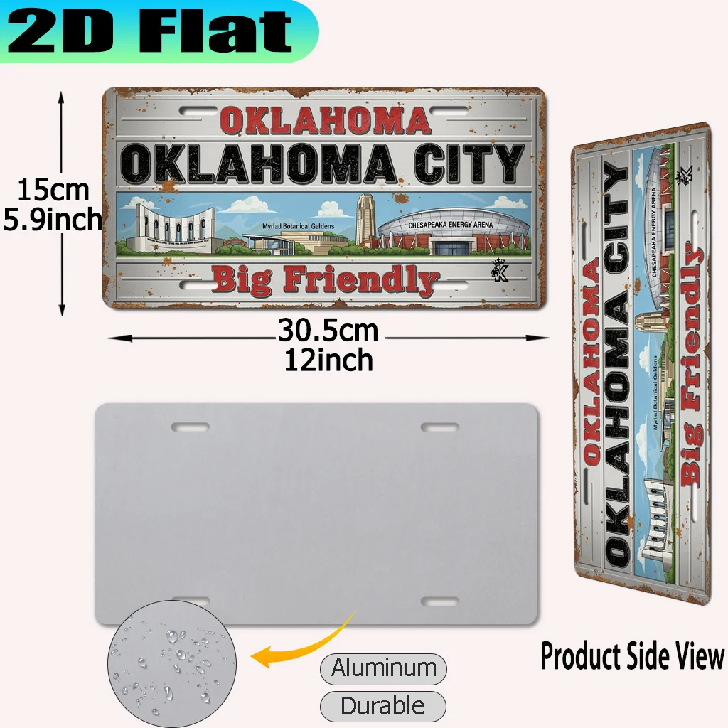 2D Flat, [2D Flat] 2D Flat Printing, 1pc, Oklahoma City Big Friendly Retro Aluminum Sign (30.48x15.24cm), Retro Urban Style, Tra