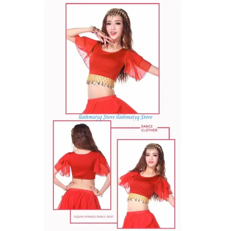 

573B Belly Dance Shirt With Flowing Fringe Accents Quick Dry Performances Wear For Intense Dance Routines