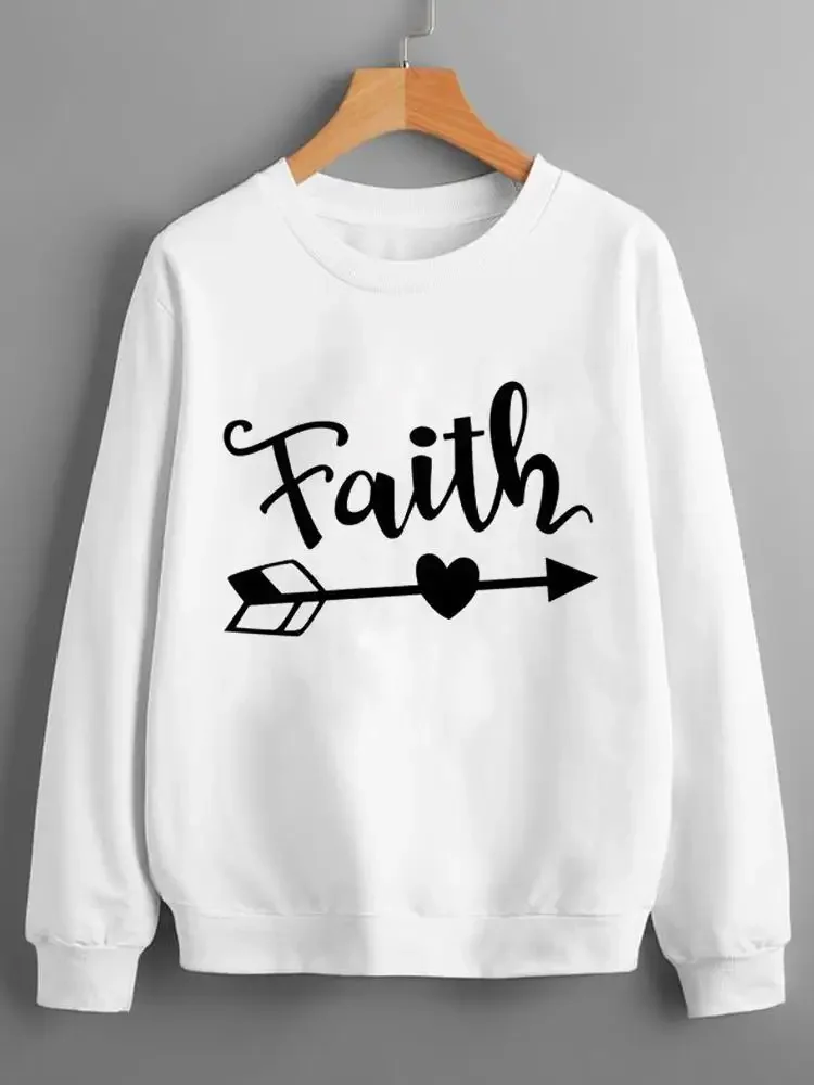 Faith Love Style Trend Cute Long Sleeve Pullovers Fashion Women O-Neck Clothing Women Women Print Graphic Plush Sweatshirts