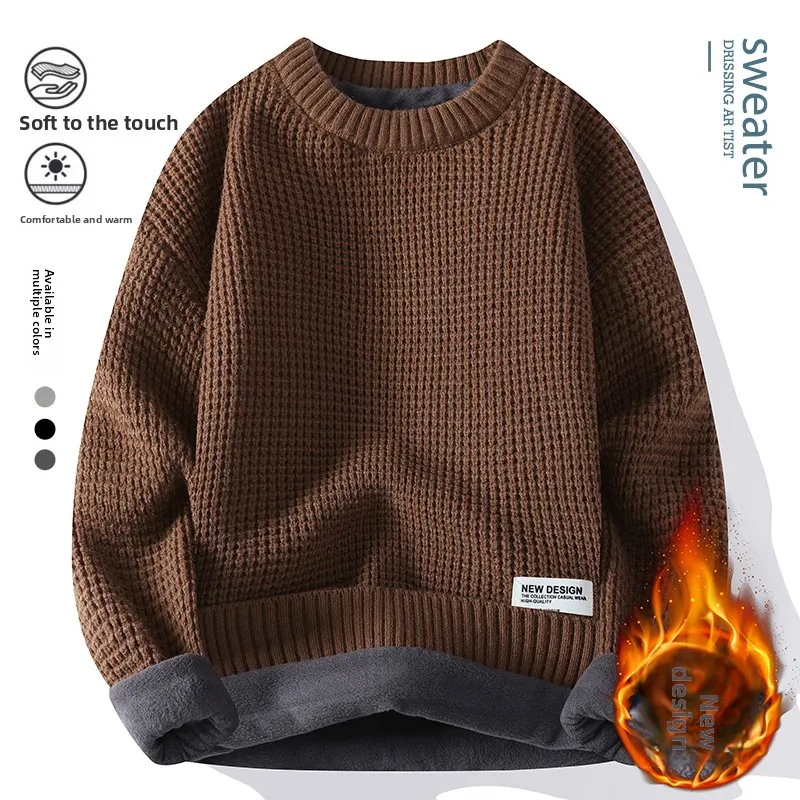 

Мужской утепленный свитер крупной вязки с флисовой подкладкой, зимний, теплый, повседневный, свободного кроя, из высококачественного полиэфирного волокна, с круглым вырезом, длинный рукав