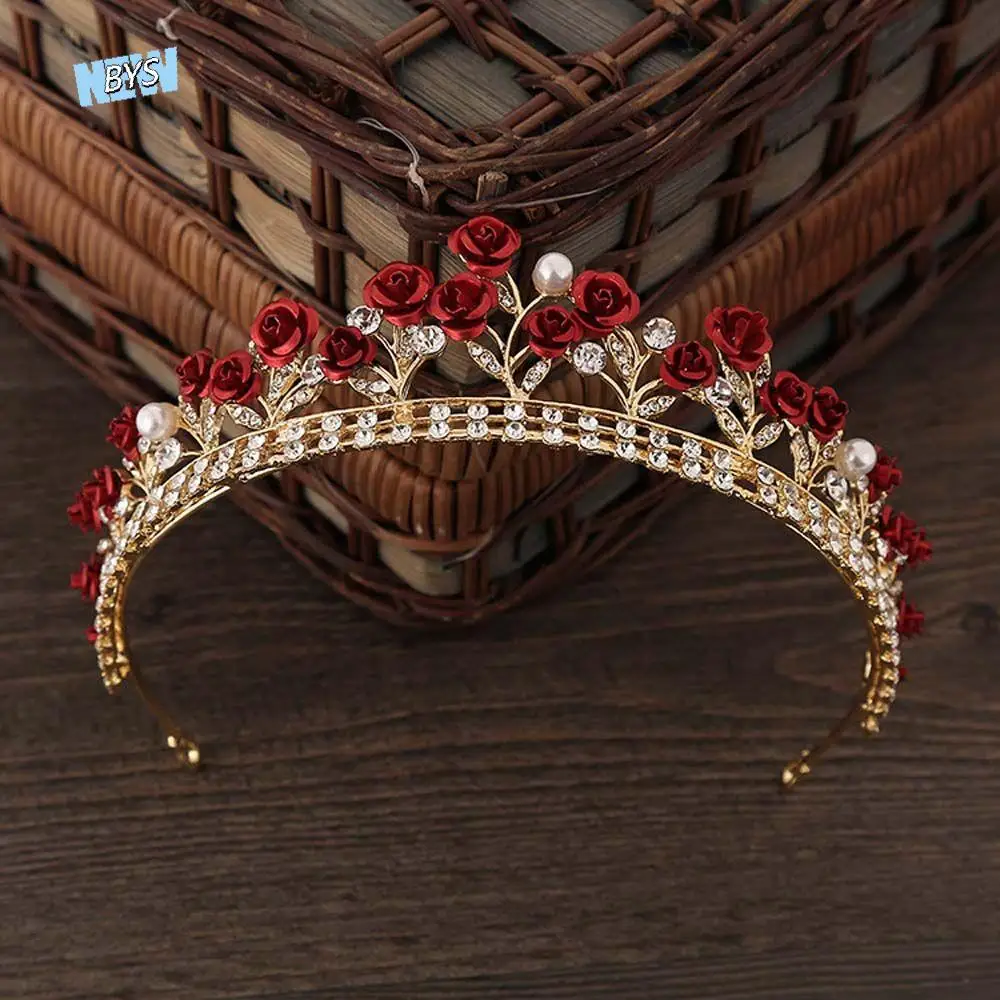 Princess Vintage Red Rose Headband Gold Color Alloy Hair Crown Diadem Headwear Bridal Tiara