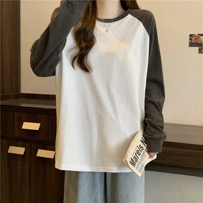 Trendy Long Sve Cotton T-irt Women's Loose Fit Korean Sle oulder Insert Design Spring Autumn plus Size Color Blo Top