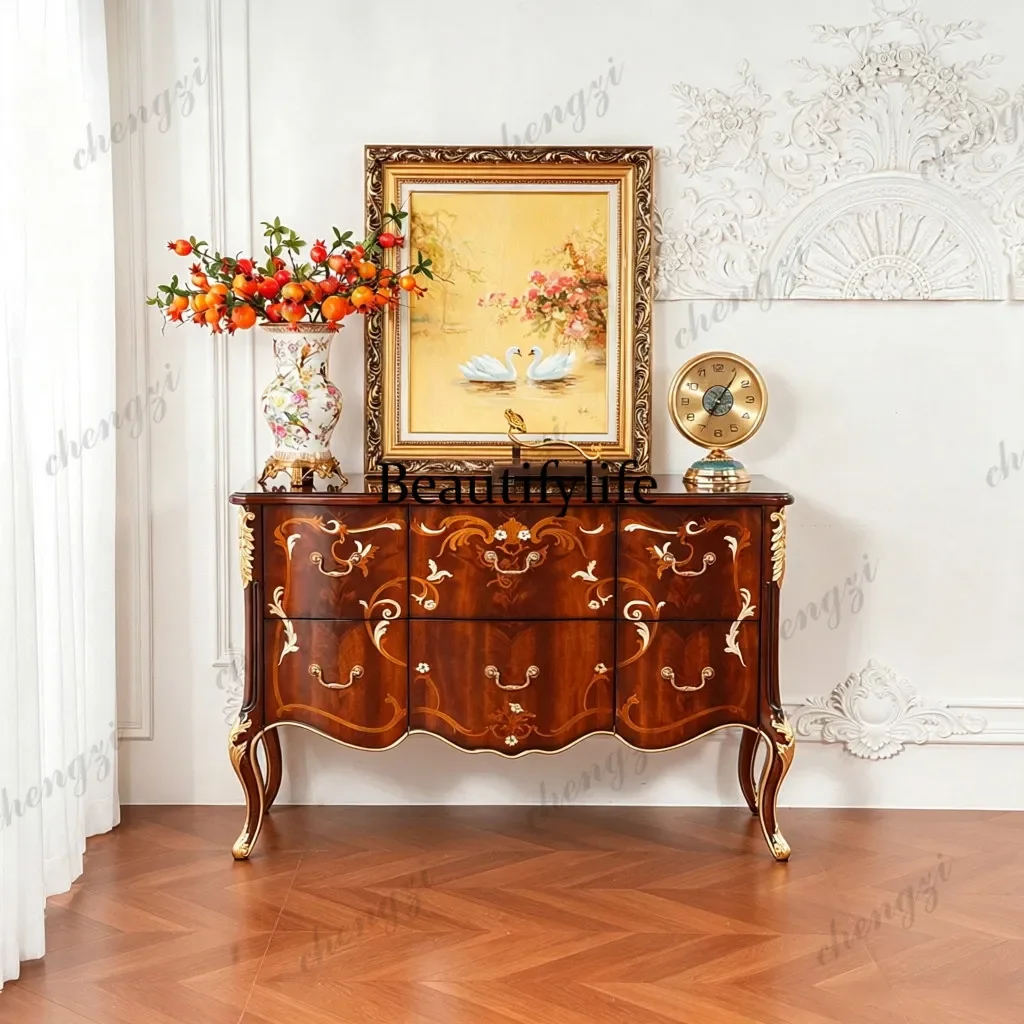 European classical solid wood carving flower bucket cabinet American retro entrance high cabinet light luxury storage locker