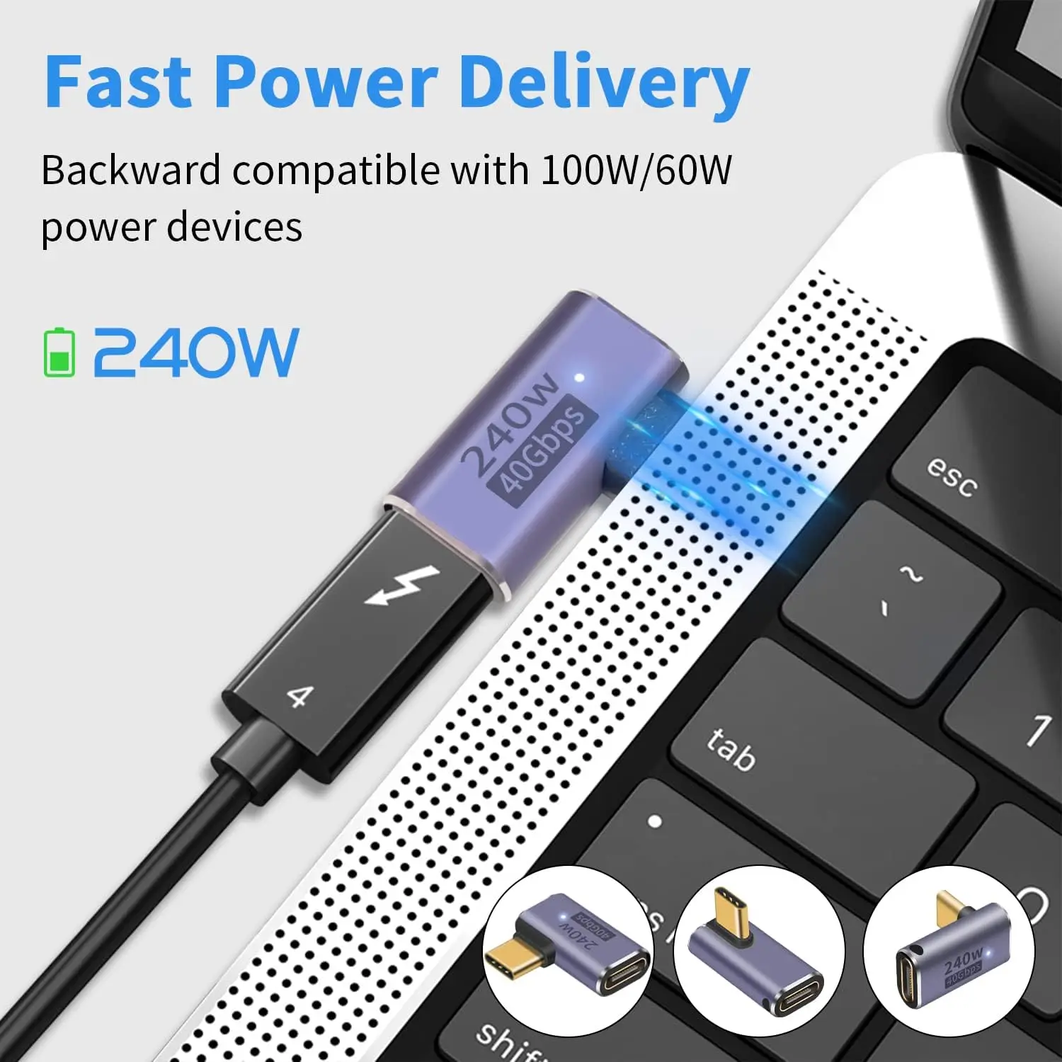 3 แพ็ค 240 W, อะแดปเตอร์มุมขวา USB C 40Gbps, อะแดปเตอร์ USB C 90 องศา PD ชายหญิงพร้อมวิดีโอ 8K รองรับ USB 4