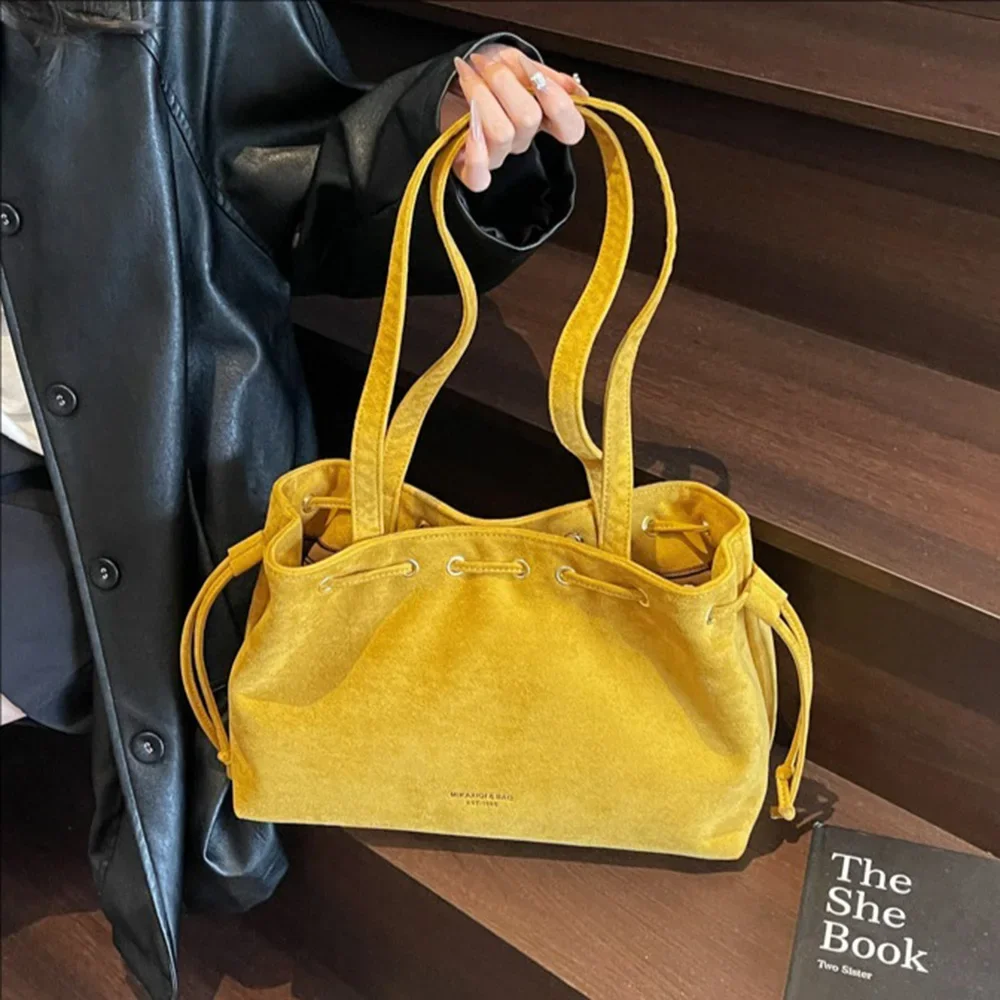 

Large Capacity Women Suede Tote Bags Solid Color String Soft Single Shoulder Bags Female Versatile Underarm Tote Packs