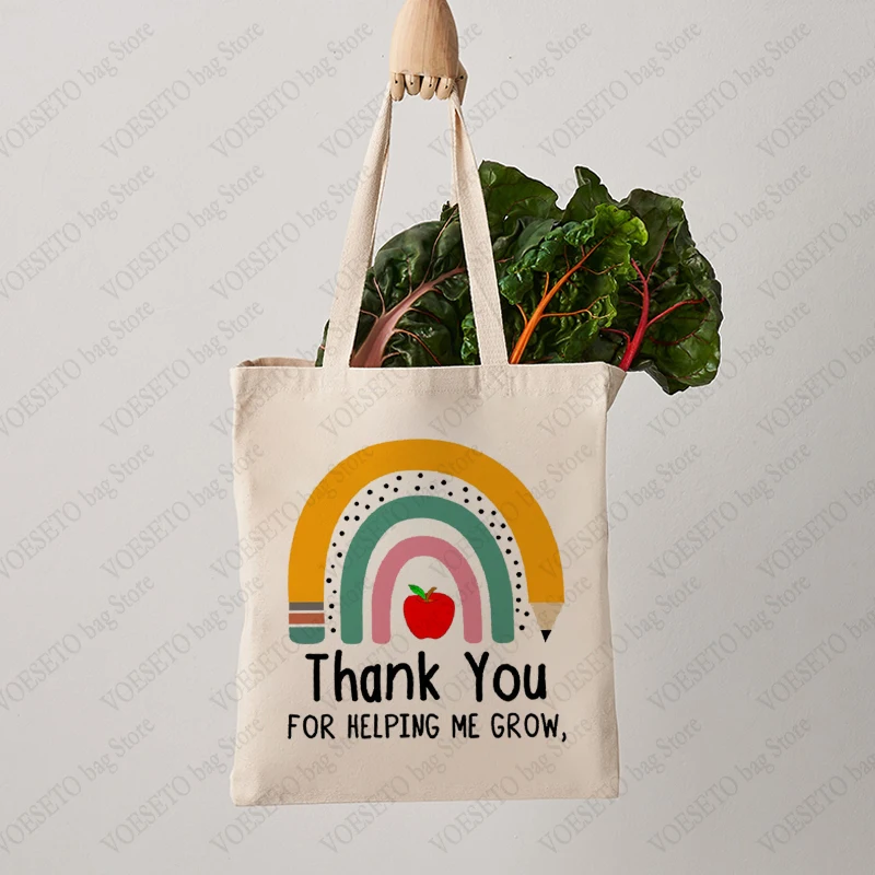 Thank You Helping Me Grow Rainbow Pattern Shopping Bag Canvas Shoulder Bag Reusable Foldable Storage Tote Bag Gift for Teacher