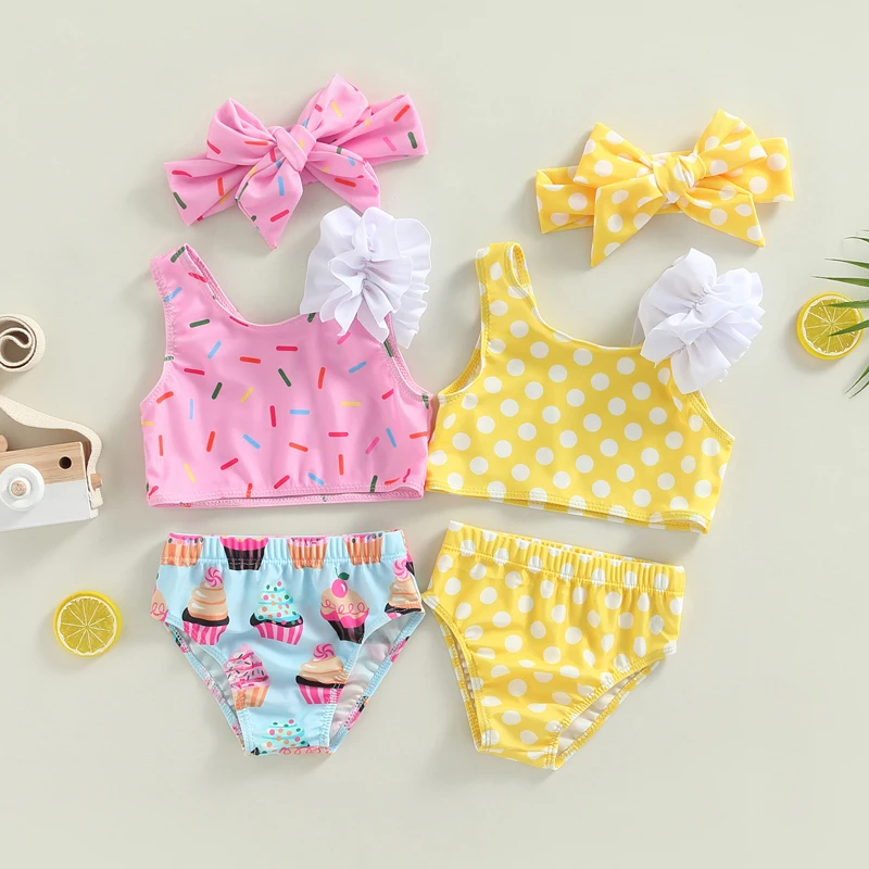 2022-06-11 Lioraitiin 0-3Years Kid Girls 2pcs Swimsuit Sleeveless Dot / Cup Cake Print Tops Summer Beach Shorts