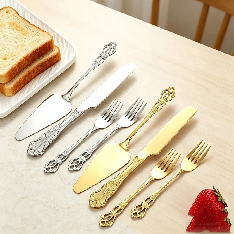 4Pcs Royal Palace hollow handle, stainless steel cake shovel bread knife, dessert fork, wedding birthday afternoon tea party.