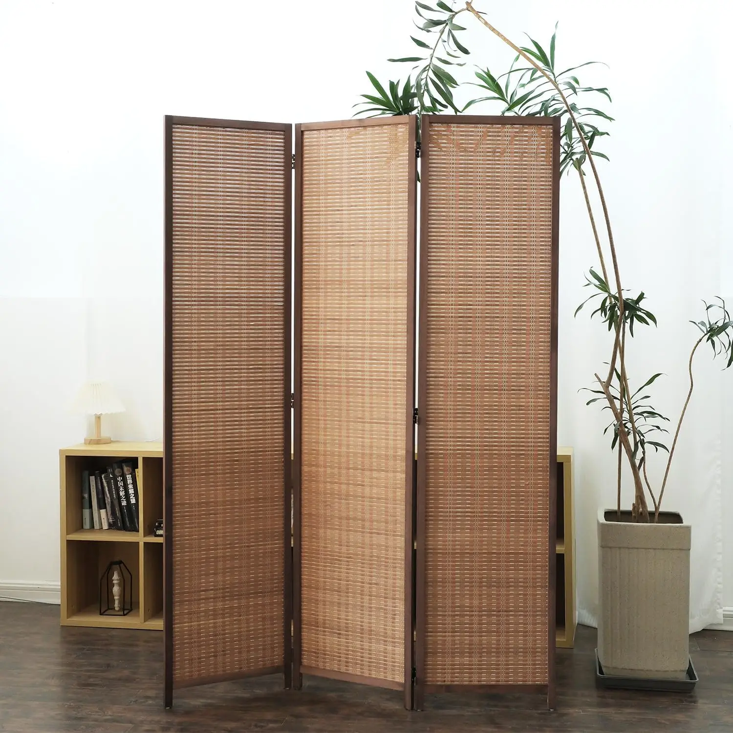 3 Panel Bamboo Folding Room Divider, Freestanding Privacy Screen Partition Wall, Natural Wooden Frame Space Separator Screen For Home Office Bedroom Living Room, Natural Brown, 1 Pack