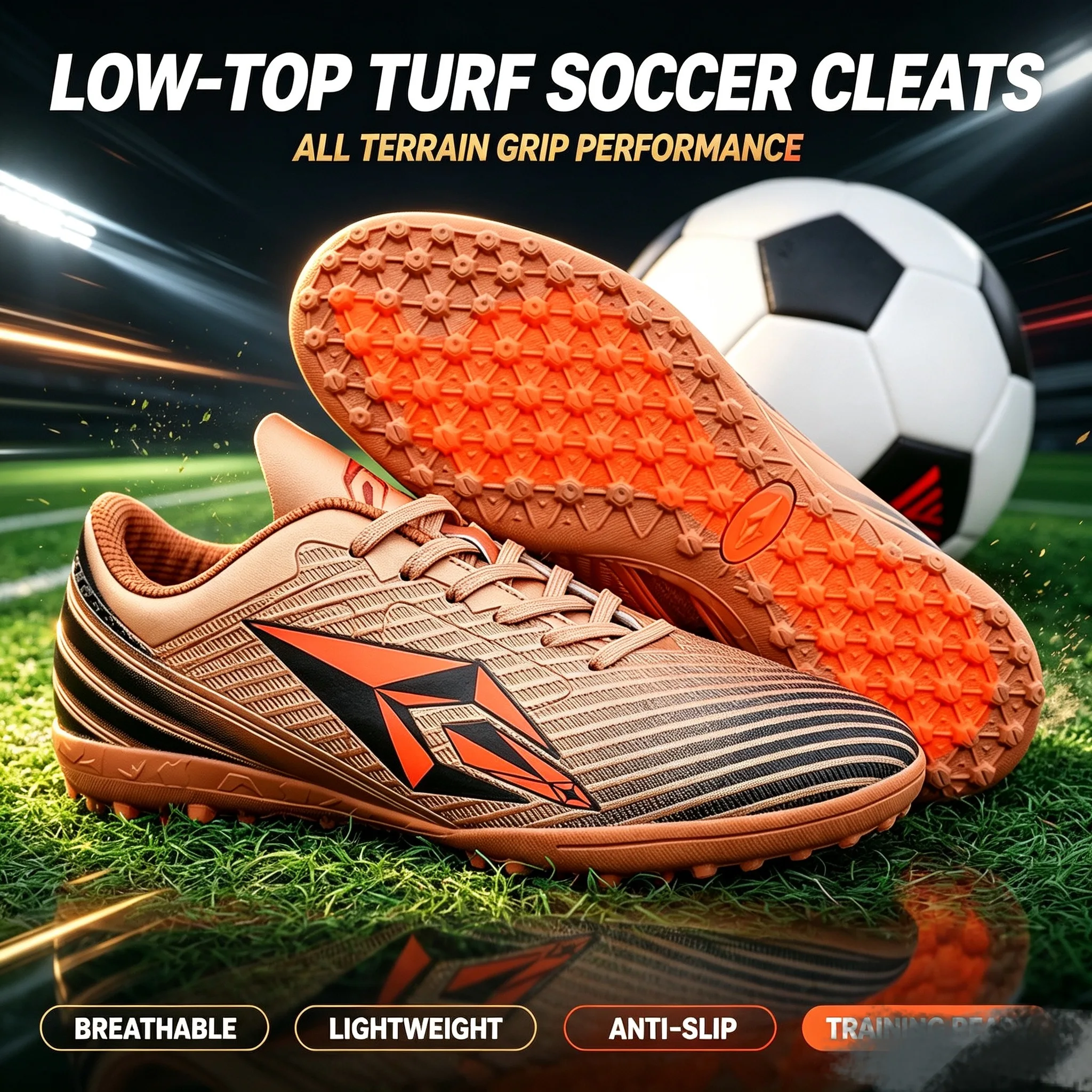 Engineered Breathable Striped Synthetic Upper Low‑Top TF Turf Soccer Cleats, Shock‑Absorbing Cushioned Insole, Anti‑Slip Wear‑Re