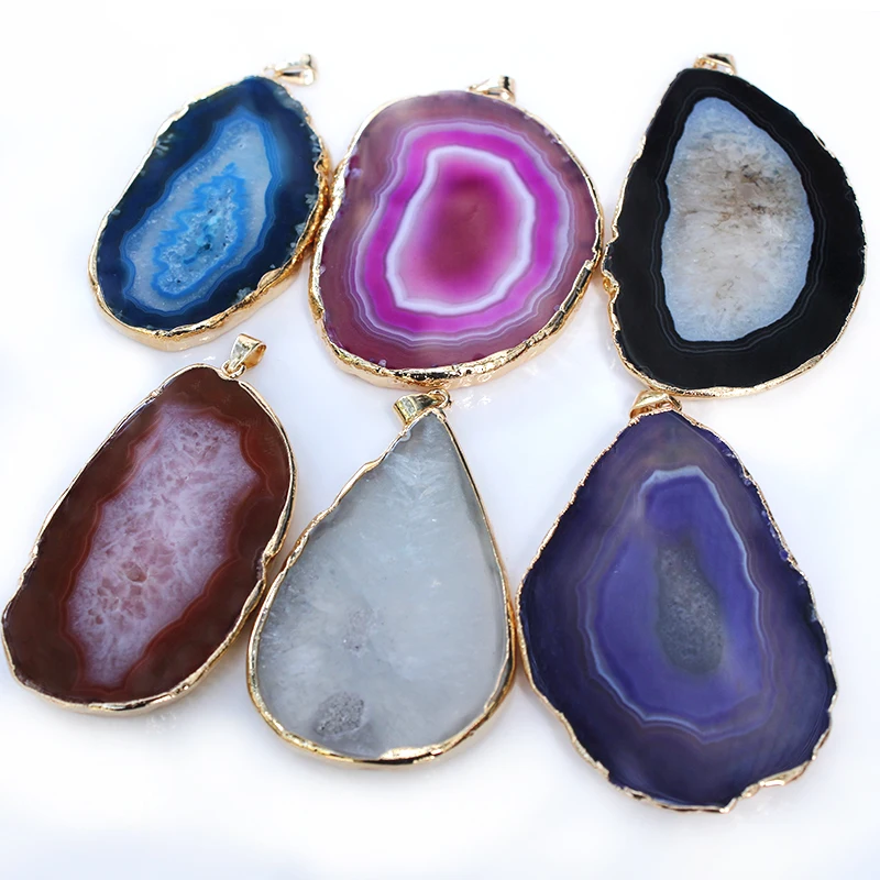 Irregular Big Natural Agate Slice Pendant for Women Men Geode Stone Healing Crystal Necklace with Gold Edge