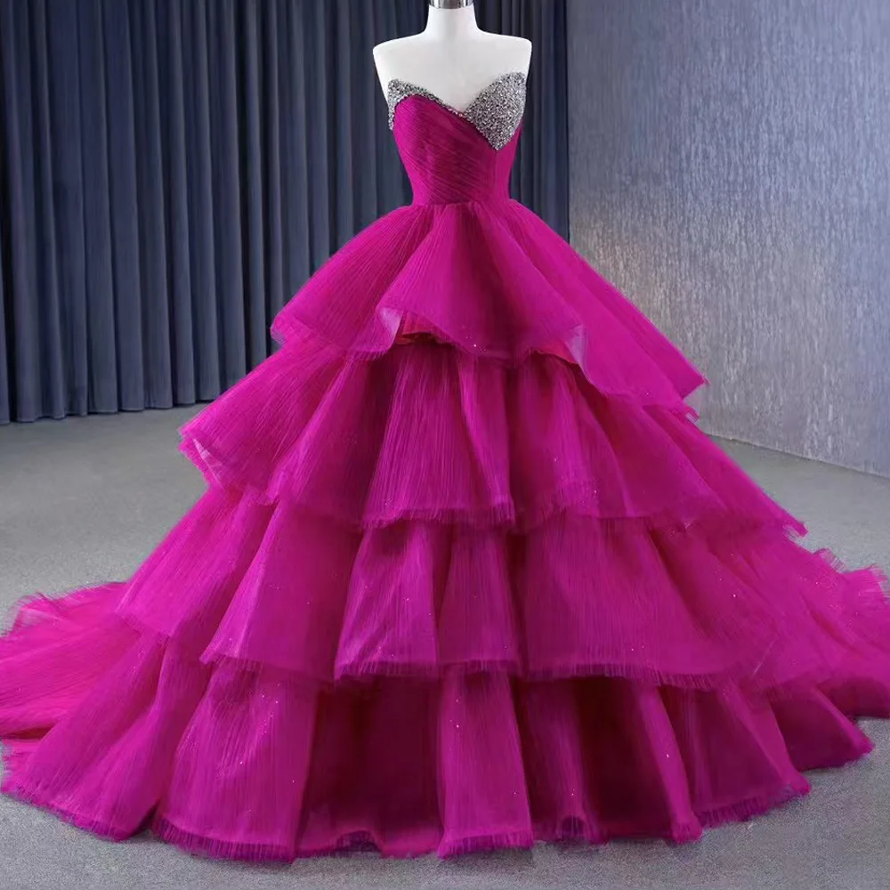 Luxury Rose Red Evening Dress Sweetheart Neckline Sleeveless Crystal Lace Up Back Tiered Design With Detachable Train