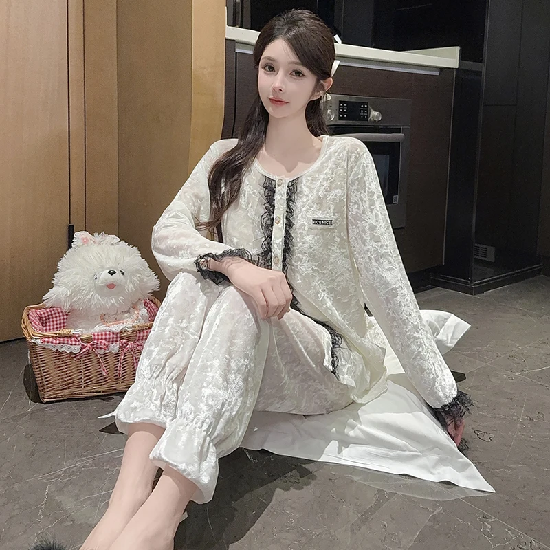 

Pajama Aesthetic Sets Women Long-Sleeve Flannel Nightwear Classic Button Front Design Collared Winter Weight Full Length Pants