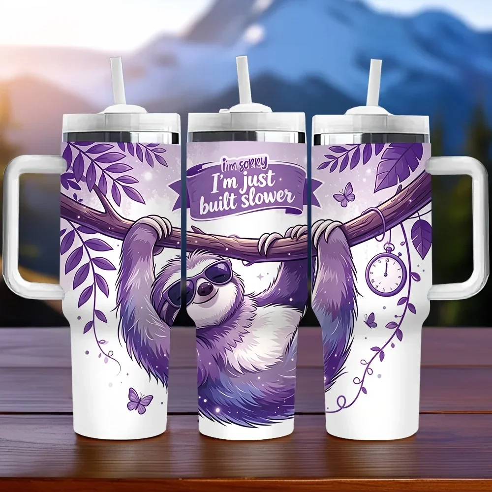 40Oz Insulated Tumbler with Handle, Adorable Purple Sloth Print, Long-Lasting Heat Preservation, Perfect Holiday And Birthday Gift for Sloth Lovers, Ideal for Daily Use And All Kinds of Outdoor Activities