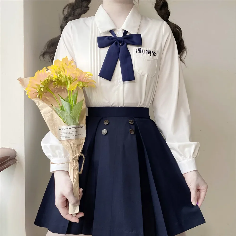 

Thailand Korean Long Sleeve White Purple Shirt Pleated Skirt Girl Dress For JK School Uniform Students Cosplay Sailor Outfit