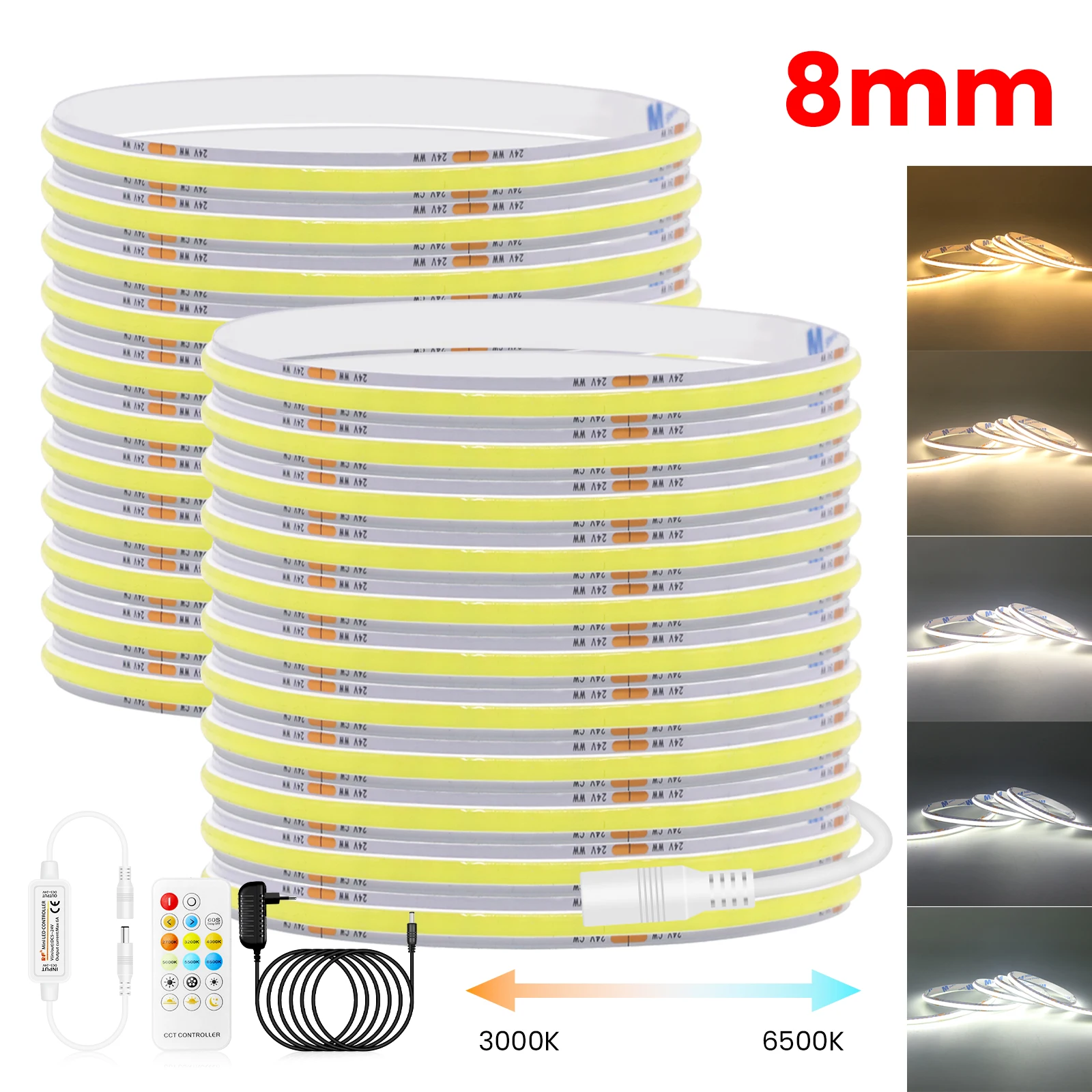  Dual Color CCT COB LED Strip 24V 480Leds/m Flexible LED Ribbon Tape Backlight 8MM PCB 17Key Remote Control Fob LED Lights