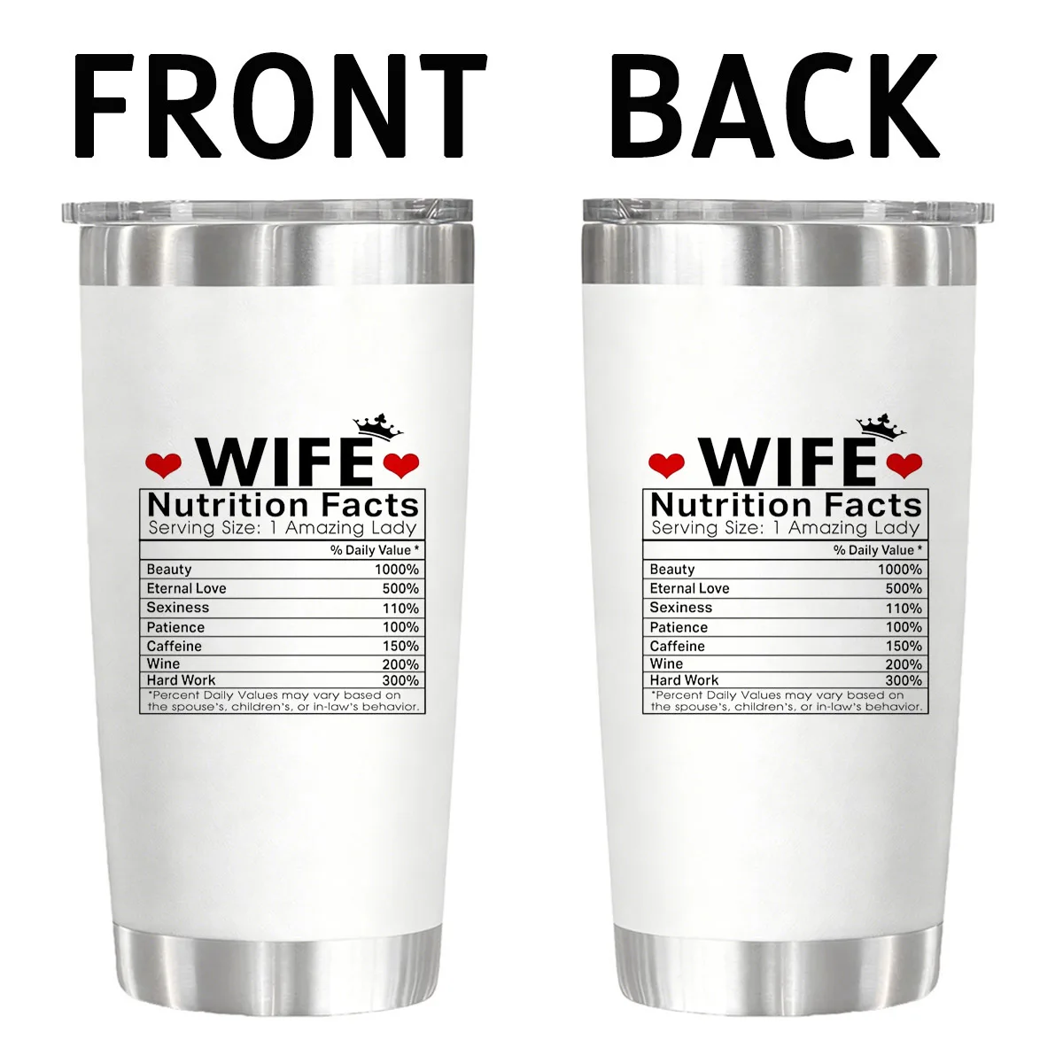 WIFE Nutrition Facts Vacuum Flasks Tumblers 20 oz Water Glasses for Christmas Birthday