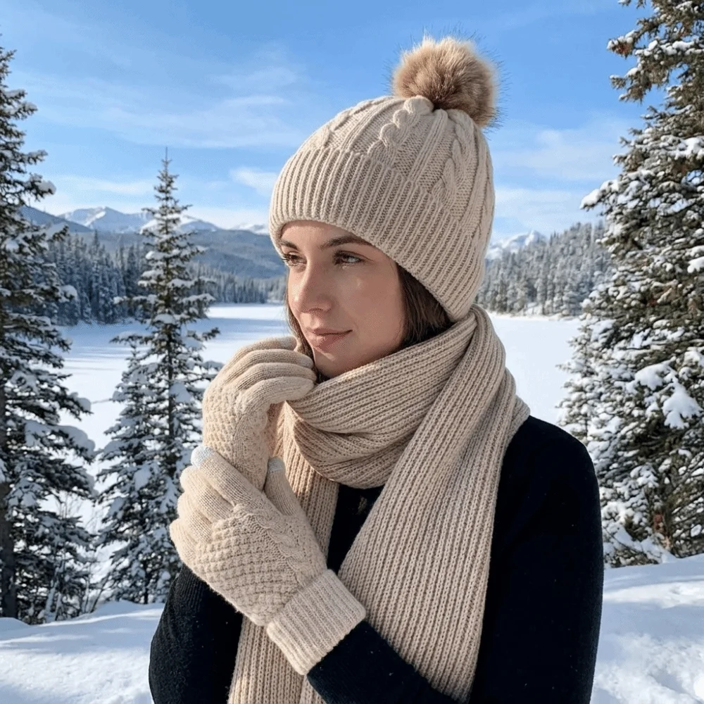 3Pcs/Set Cold Proof Scarf Hat Gloves Set Touch Screen Elastic Woolen Hat Solid Color Warmer Mittens Pullover Cap Windproof