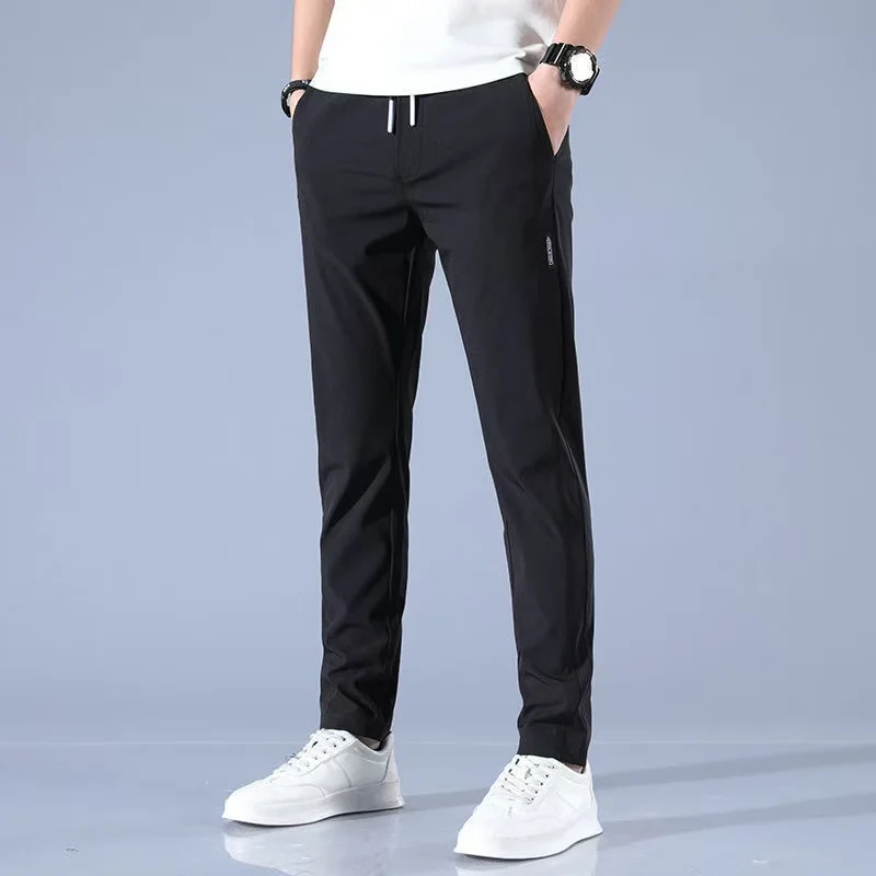 Ice silk men's pants 2024 summer new black gray thin business casual pants outdoor elastic breathable straight leg sports pants