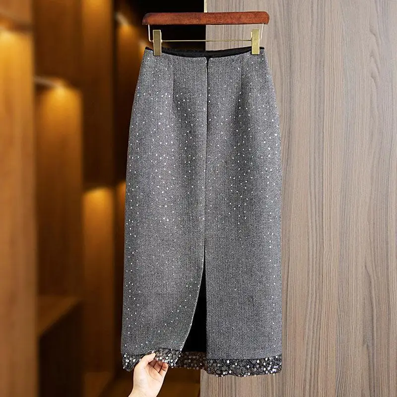 

Весенне-осенняя серая юбка-миди с разрезом по подолу и блестками Faldas Largas Fashion Casual A Line High Jupe Harajuku Юбка