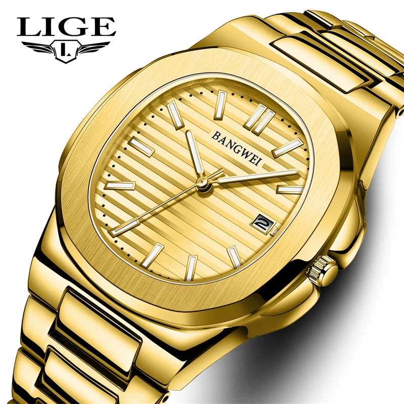 LIGE Stainless Steel Fashion Date Watch Gold Men\'s Watches Luxury Waterproof Business Quartz Movement Wristwatches For Men Clock