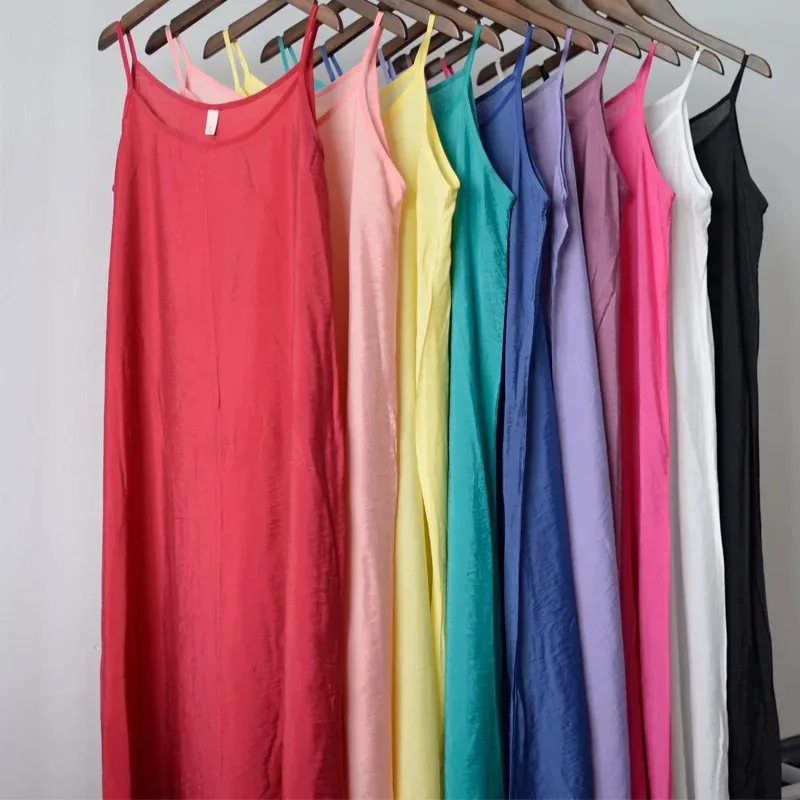 Women Summer Cotton Full Slip Strappy Spaghetti Under Dress Long Under Dress Camisoles Full Slips